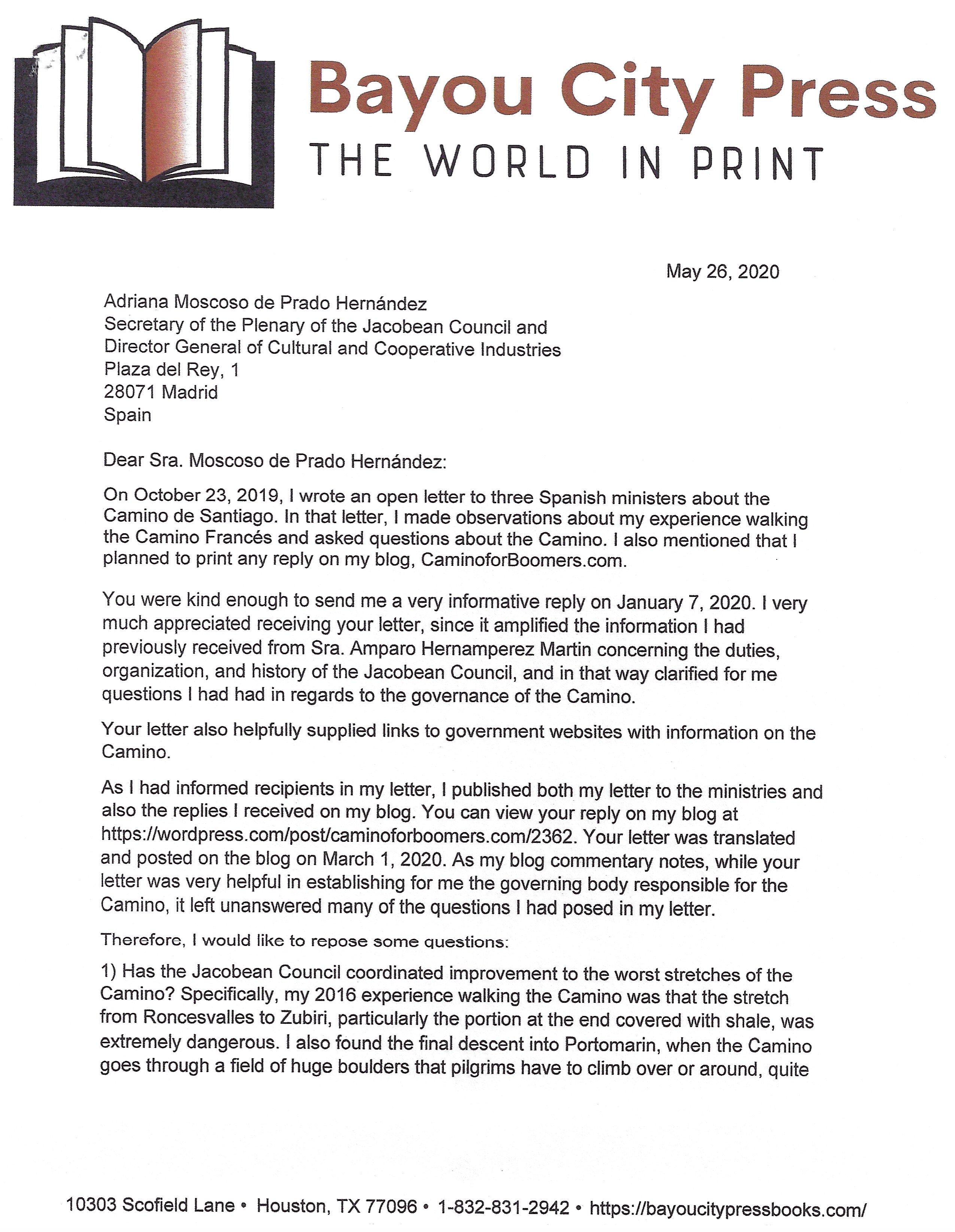 Ltr to Jacobean Council page 1 5-30-20